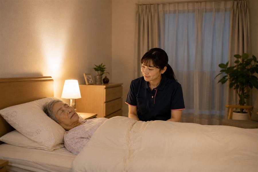 夜間、利用者を見守るヘルパー